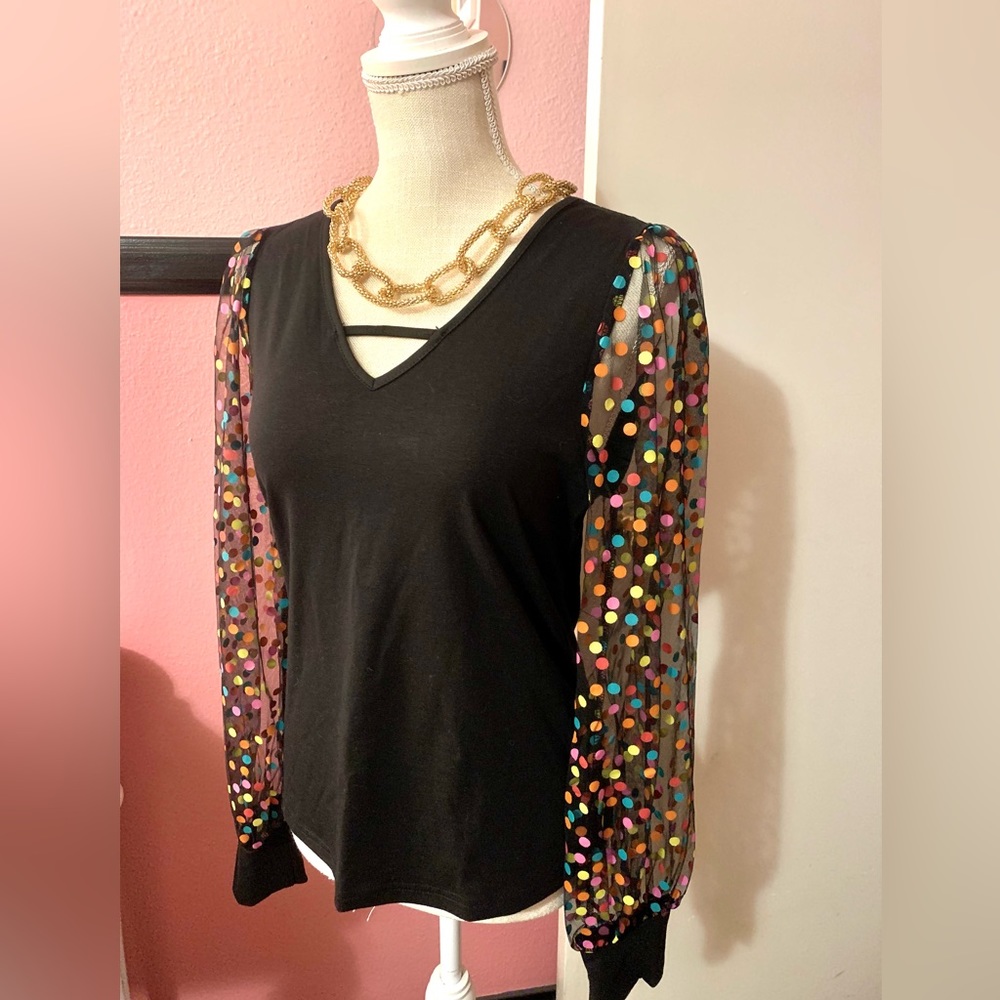 SHEIN Confetti Long Sleeve Black Blouse Shirt Junior Size L 🖤